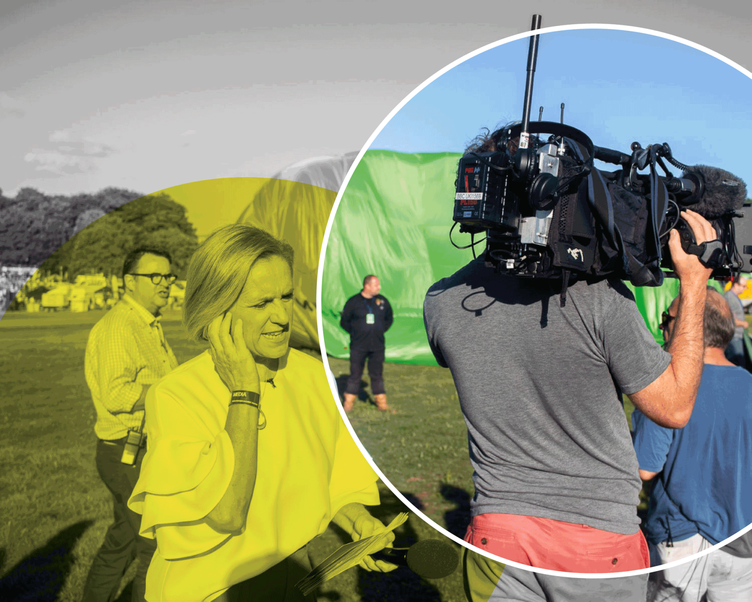 Community-relations community relations: a woman is talking in front of a camera with a hot air balloon behind her