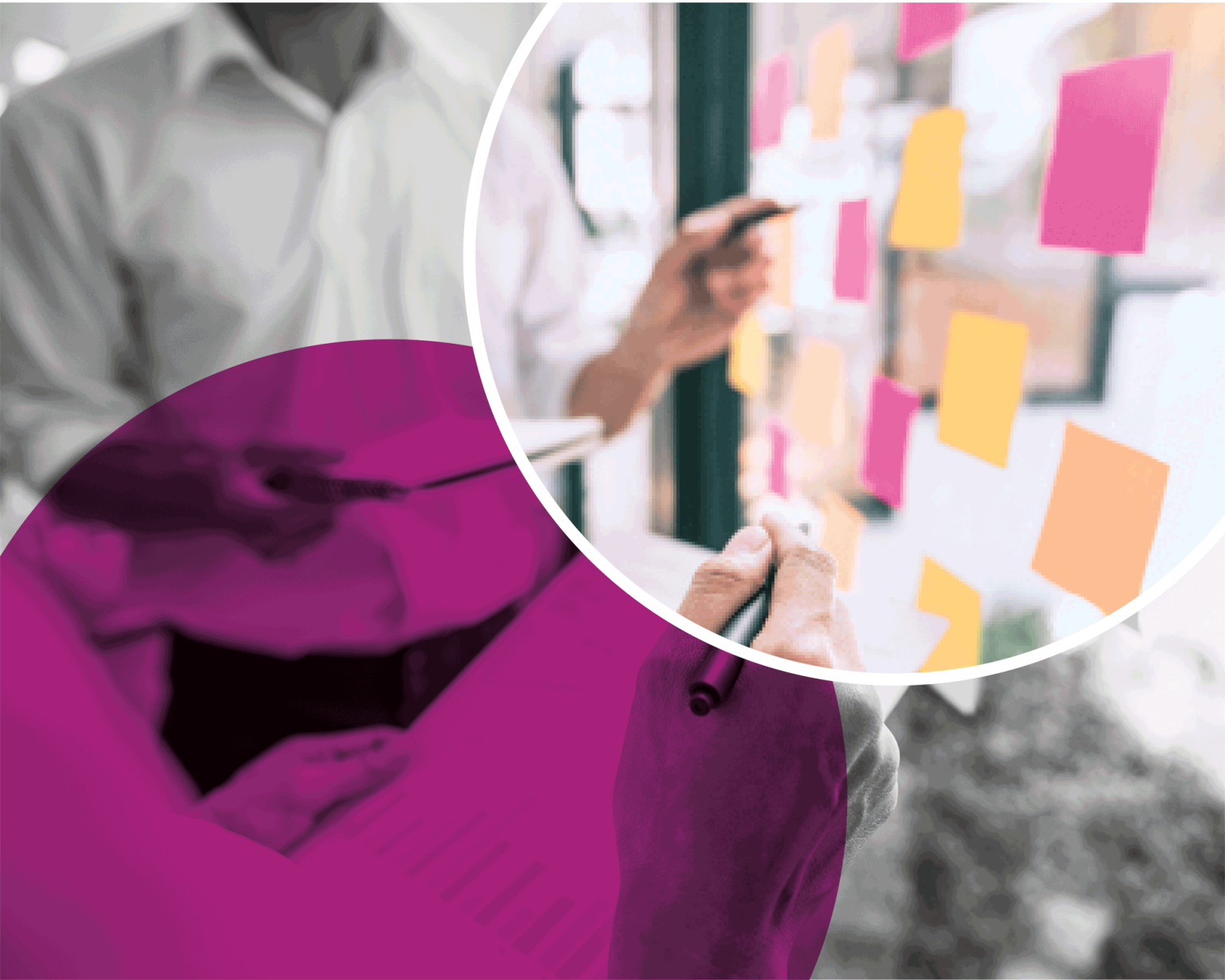 Message-development A man is pointing at post it notes on a window as part of a messaging development exercise